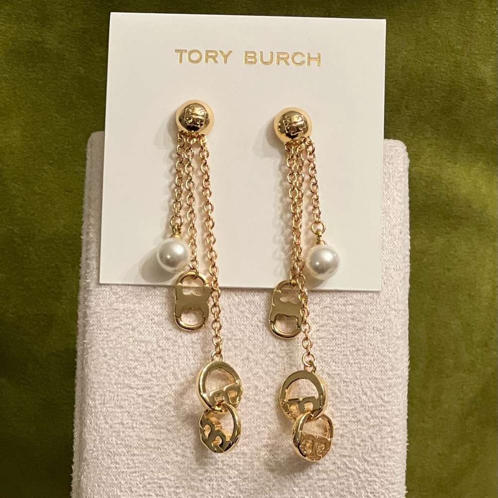 Tory Burch Gold Chain Pearl Drop Earrings